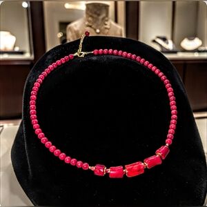 Genuine Red Coral Beaded Necklace with Golden Accents